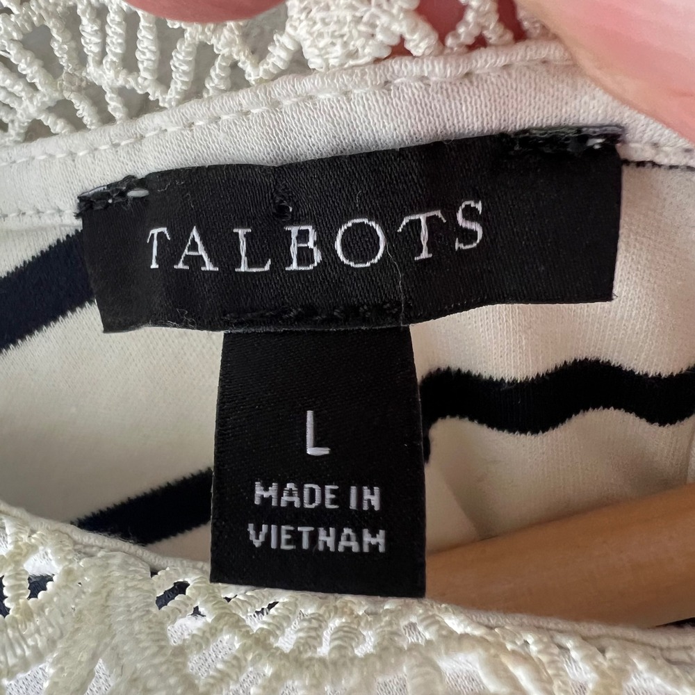 Talbots Striped Lace Trim Mock Neck Top Black White Cotton Long Sleeve Large L - Picture 8 of 8